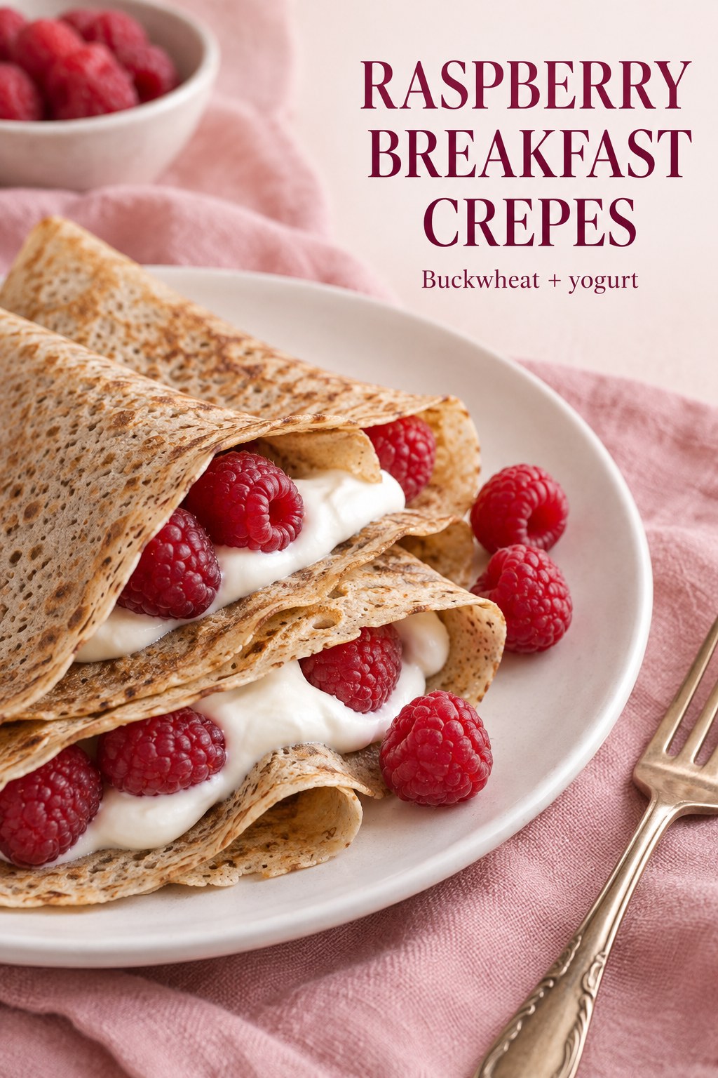 Folded buckwheat crepes filled with yogurt and raspberries beside the headline Raspberry Breakfast Crepes.