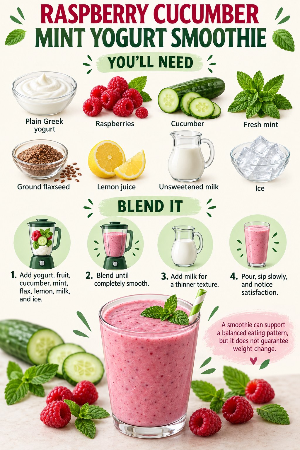 Raspberry cucumber mint yogurt smoothie with Greek yogurt, flaxseed, lemon, unsweetened milk, and ice.