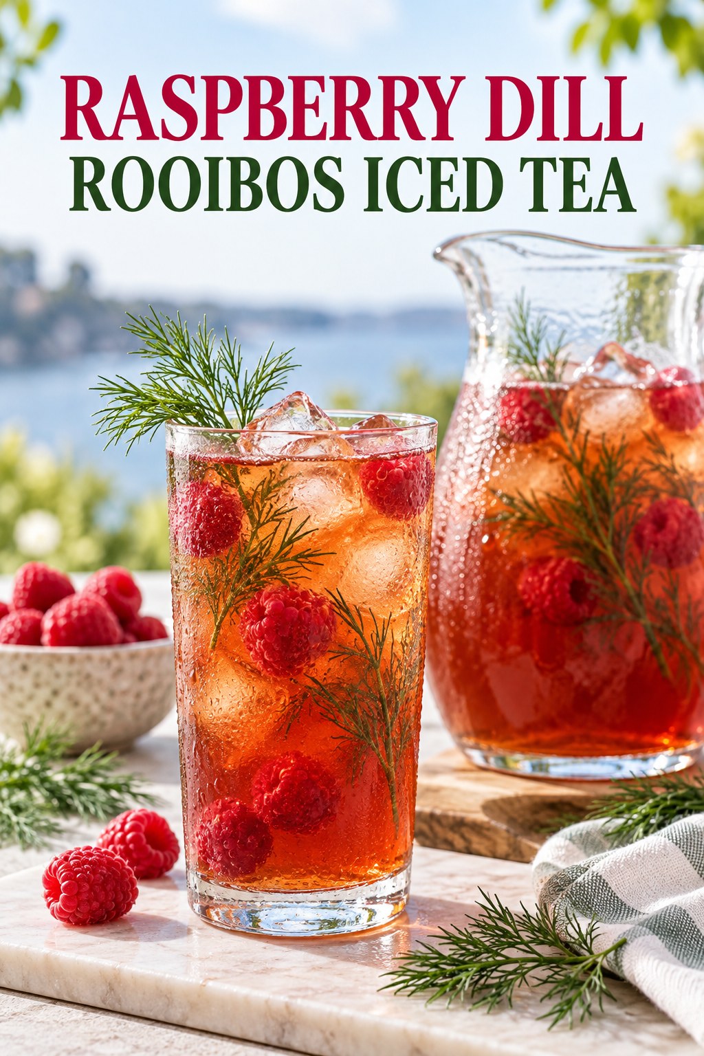 Portrait drink scene with raspberry, fresh dill, ice, and a chilled glass of rooibos iced tea.