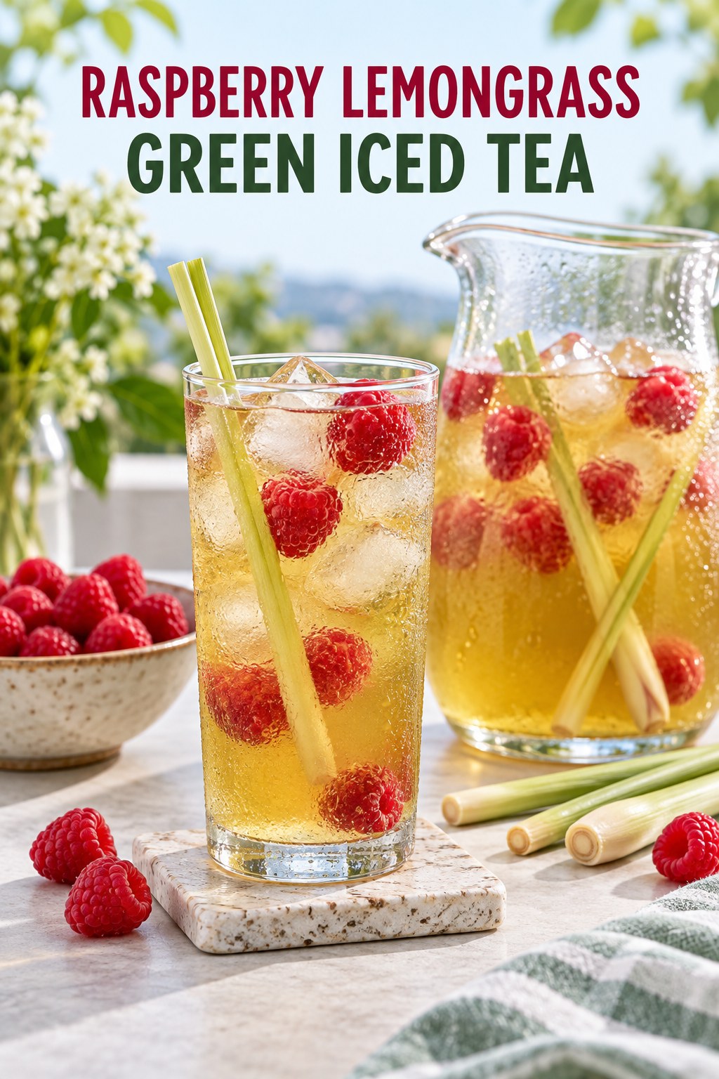 Portrait drink scene with raspberry, fresh lemongrass, ice, and a chilled glass of green iced tea.