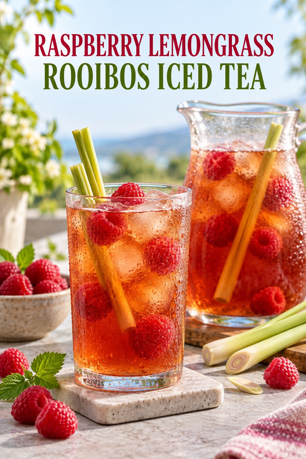 Portrait drink scene with raspberry, fresh lemongrass, ice, and a chilled glass of rooibos iced tea.