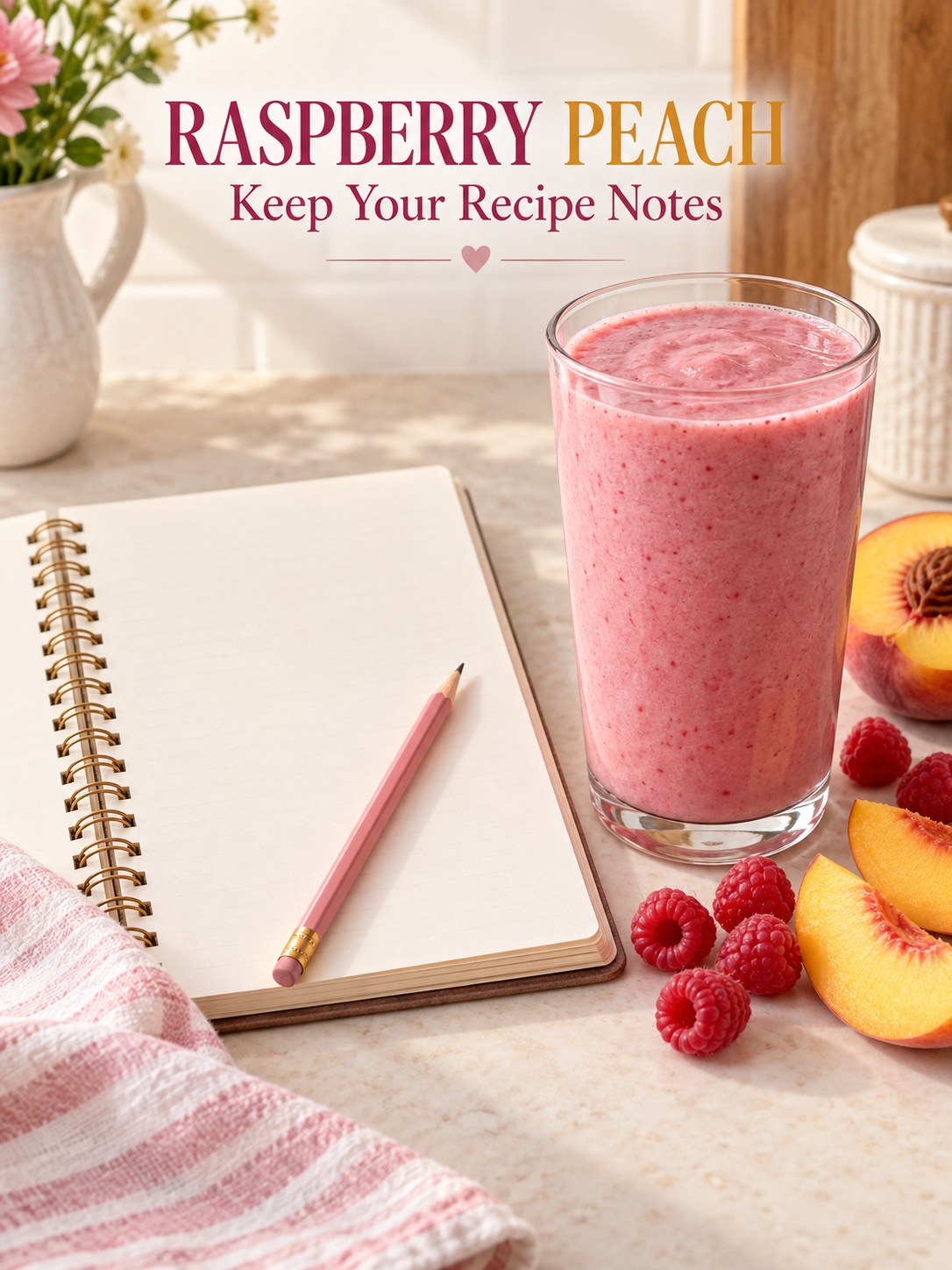Pink raspberry peach smoothie beside fruit and an open blank recipe notebook, with Raspberry Peach and Keep Your Recipe Notes text.