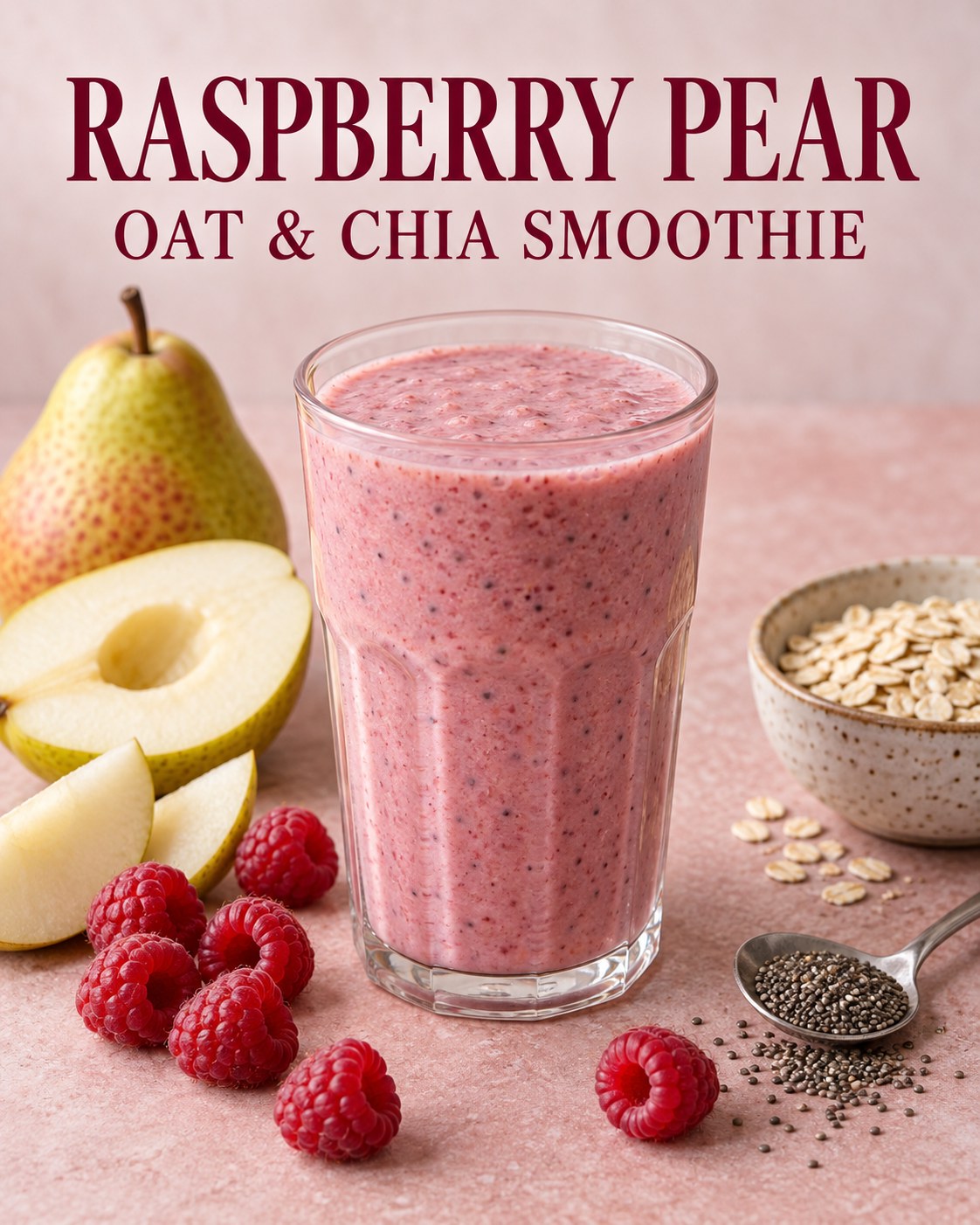 Thick pink raspberry pear oat smoothie beside raspberries, pear slices, oats, and a small dish of chia seeds.