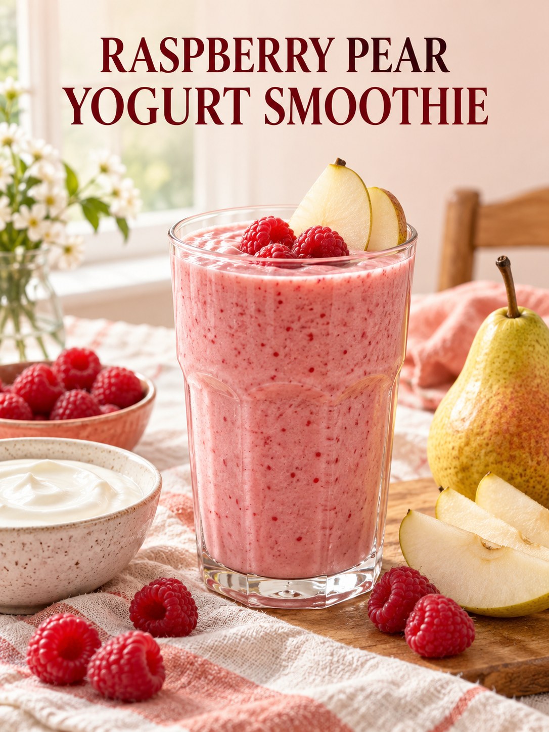 Pink raspberry pear smoothie beside raspberries, pear slices, and a small bowl of yogurt on a cream breakfast table.