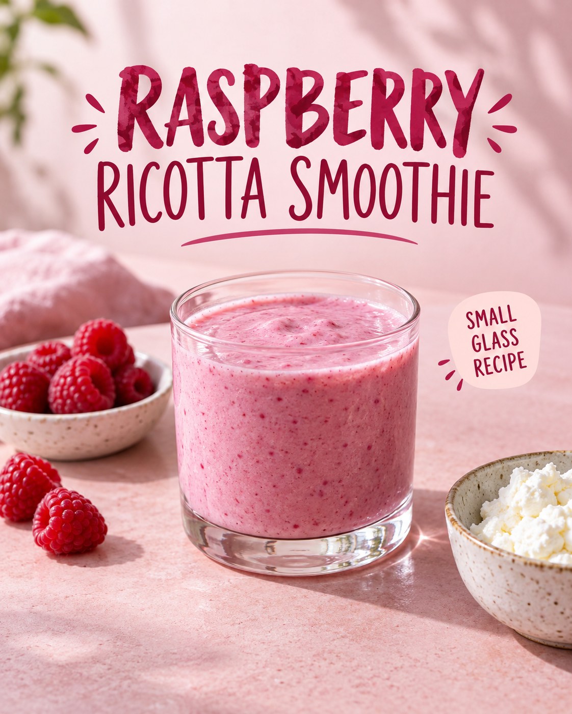 Small pink raspberry ricotta smoothie with raspberries and a bowl of ricotta on a pale pink table beneath recipe lettering.