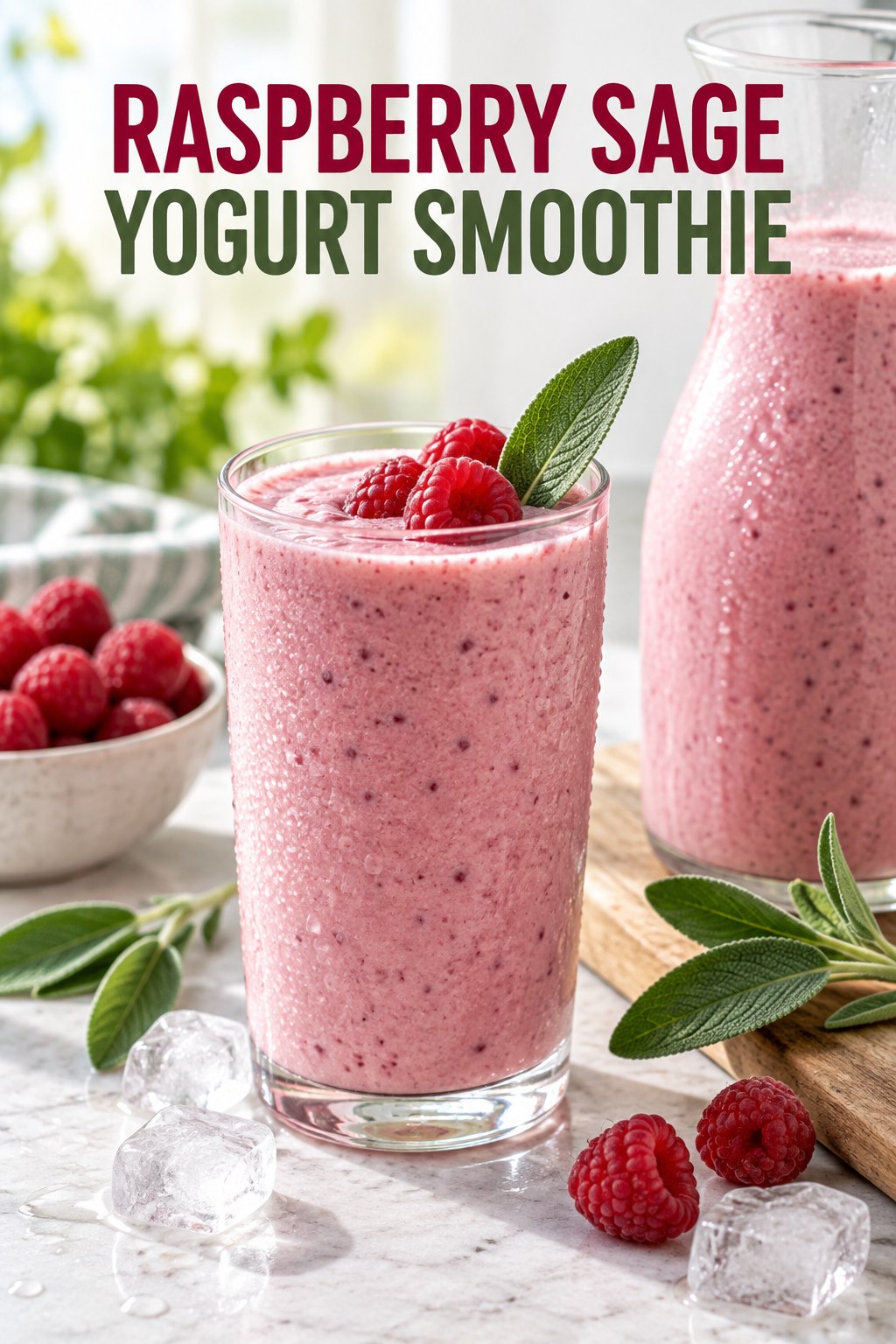 Portrait drink scene with raspberry, fresh sage, ice, and a chilled glass of yogurt smoothie.