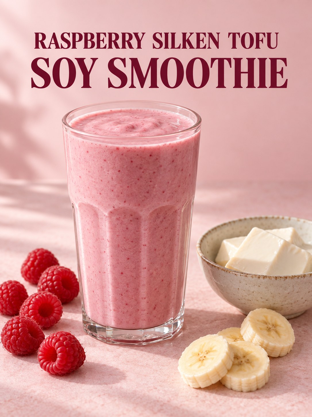 Pink raspberry tofu smoothie beside raspberries, banana slices, and silken tofu in a small bowl on a light pink table.
