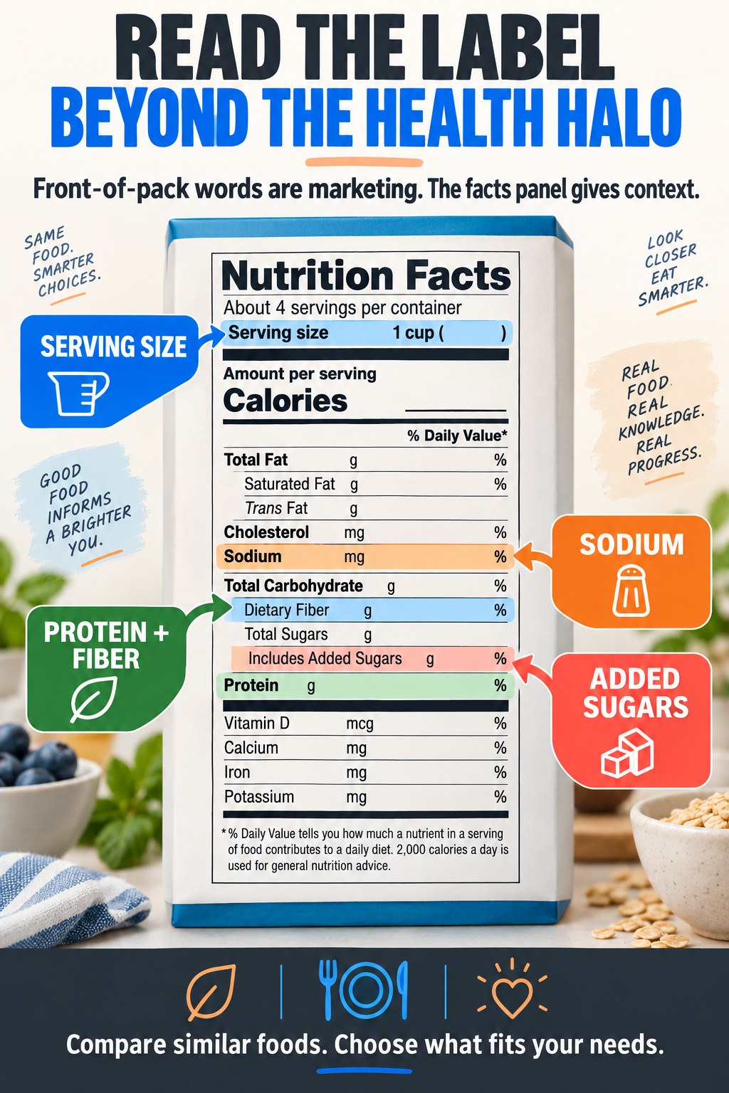 Charcoal, blue, and apricot infographic highlighting serving size, protein and fiber, sodium, and added sugars on a fictional food label.