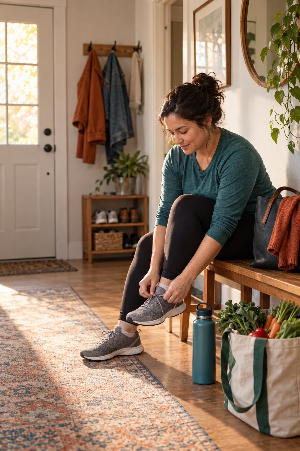 Adult tying gray walking shoes in a warm apartment entryway beside a water bottle and grocery tote.