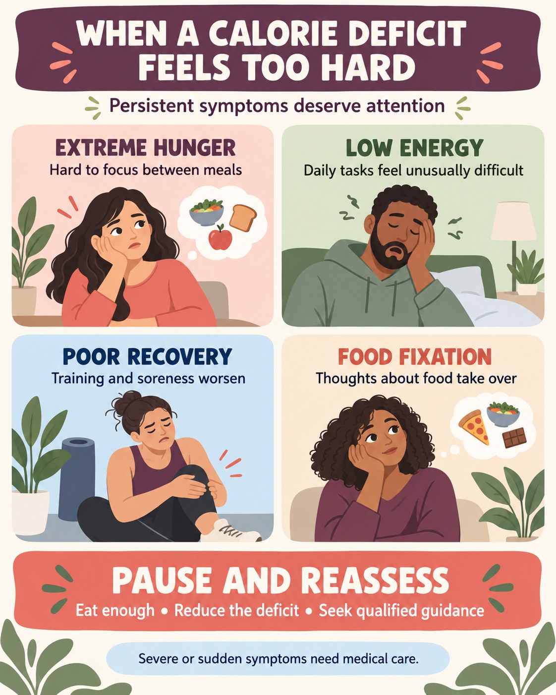 Plum, coral, sage, blue, and cream infographic showing extreme hunger, low energy, poor recovery, and food fixation as reasons to reassess a deficit.