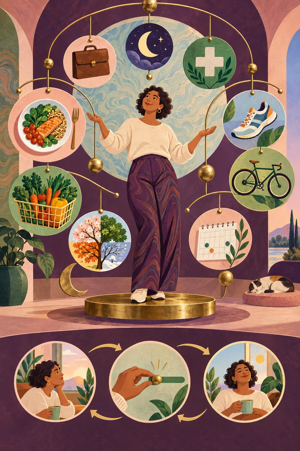 Mid-century mobile balancing meals, groceries, movement, work, sleep, health, seasons, calendar, and an adjustment loop.