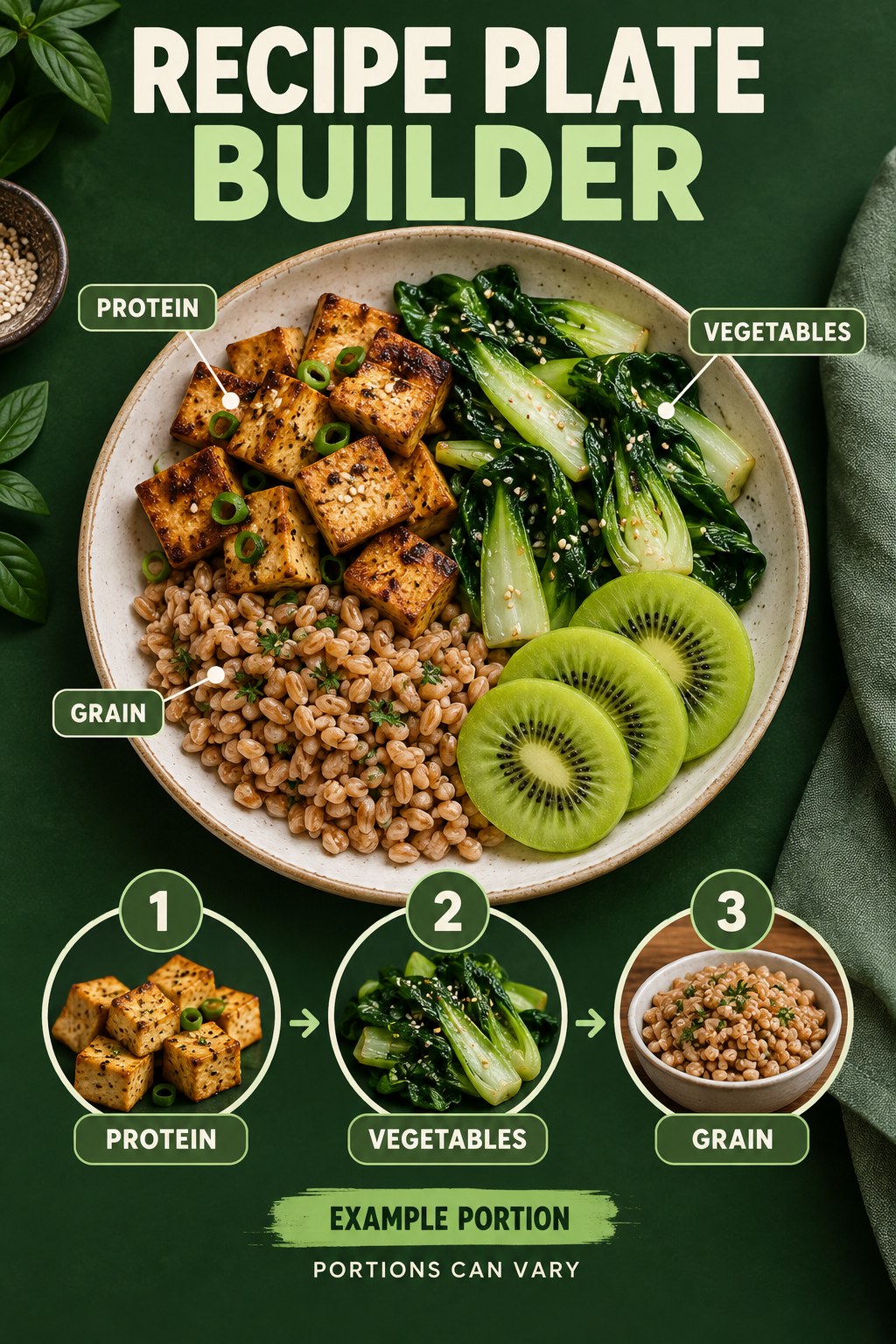 Recipe Plate Builder visual using tofu, farro, bok choy, and kiwi as flexible example portions for Healthy Recipes.