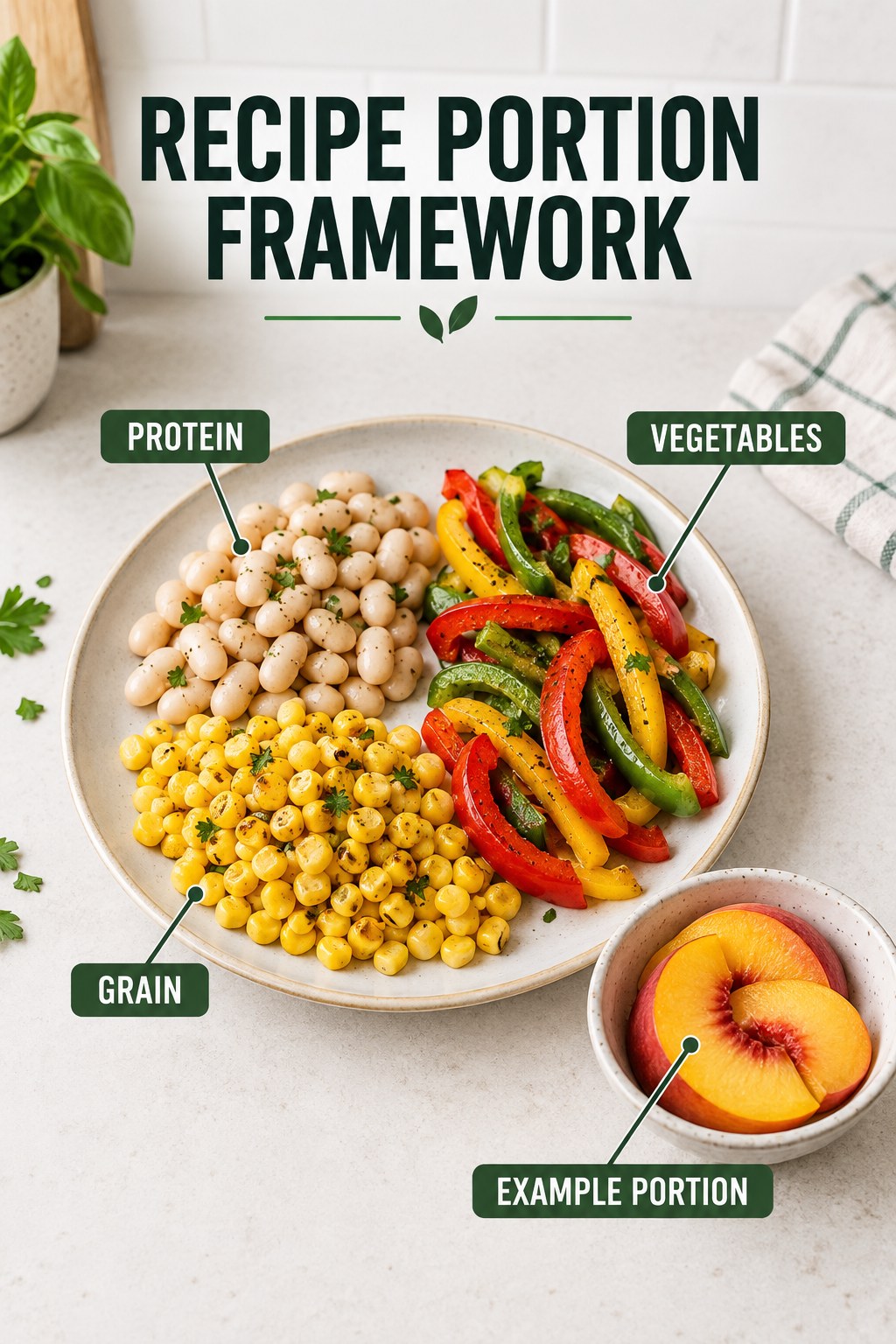Recipe Portion Framework visual using white beans, corn, peppers, and peach as flexible example portions for Weight Loss Recipes.