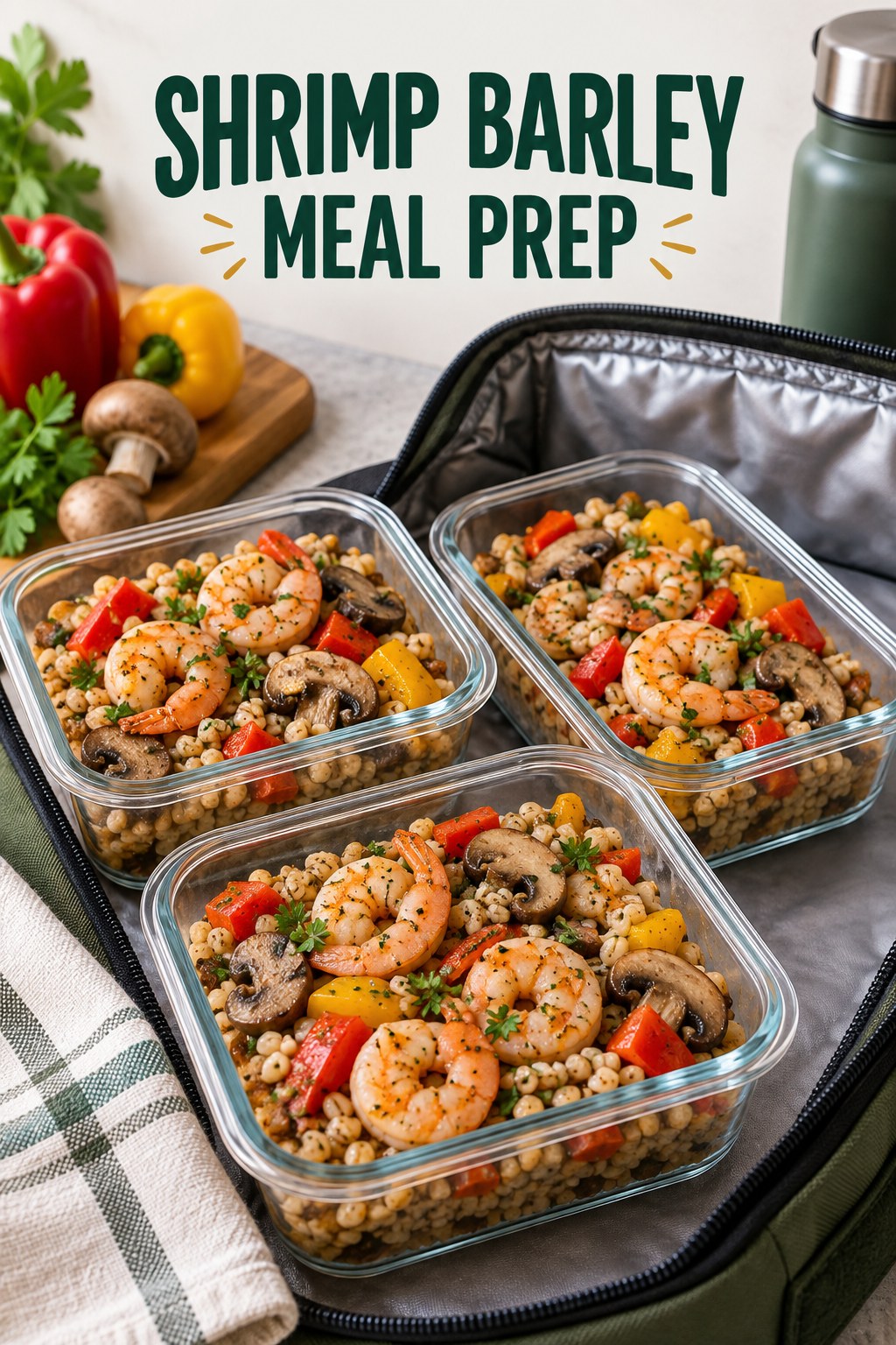 Three containers of recipe-ready shrimp barley prep boxes with shrimp, barley, bell pepper, and mushrooms.