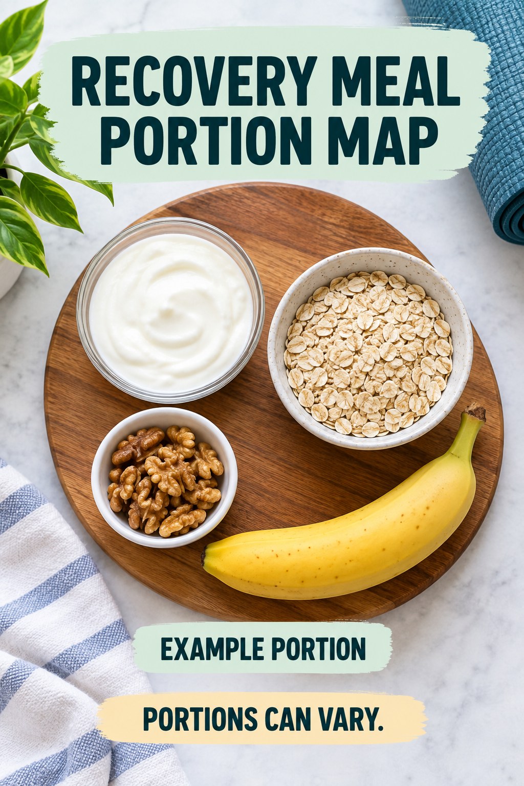 Recovery Meal Portion Map visual using plain yogurt, oats, banana, and walnuts as flexible example portions for Home Workouts for Weight Loss.