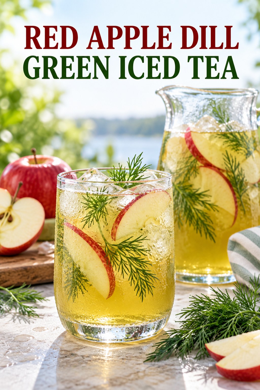Portrait drink scene with red apple, fresh dill, ice, and a chilled glass of green iced tea.