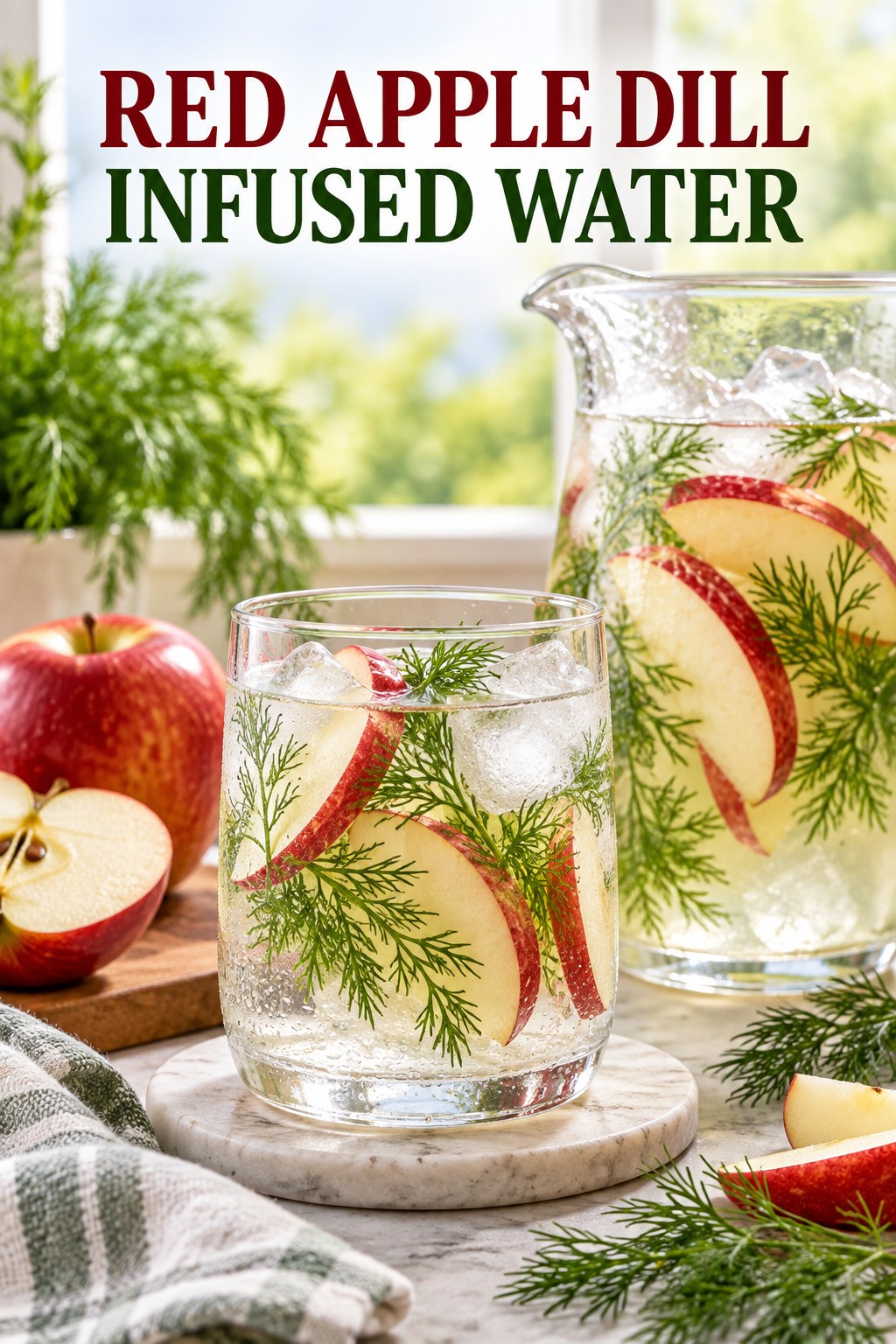Portrait drink scene with red apple, fresh dill, ice, and a chilled glass of infused water.