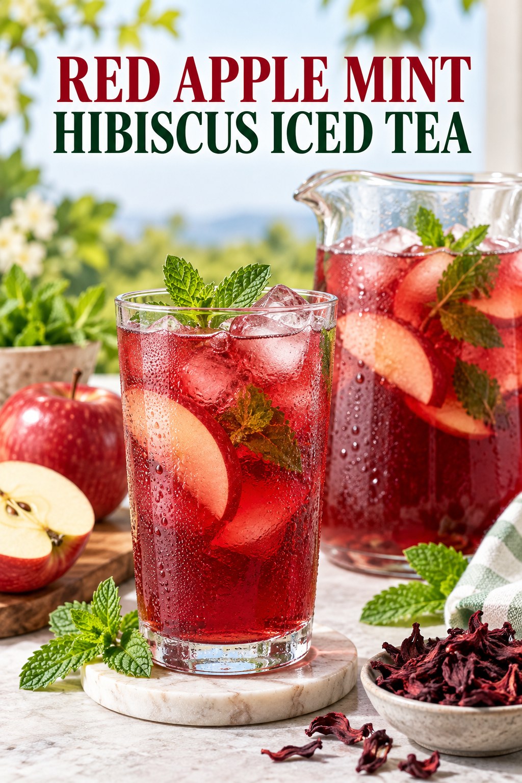 Portrait drink scene with red apple, fresh mint, ice, and a chilled glass of hibiscus iced tea.