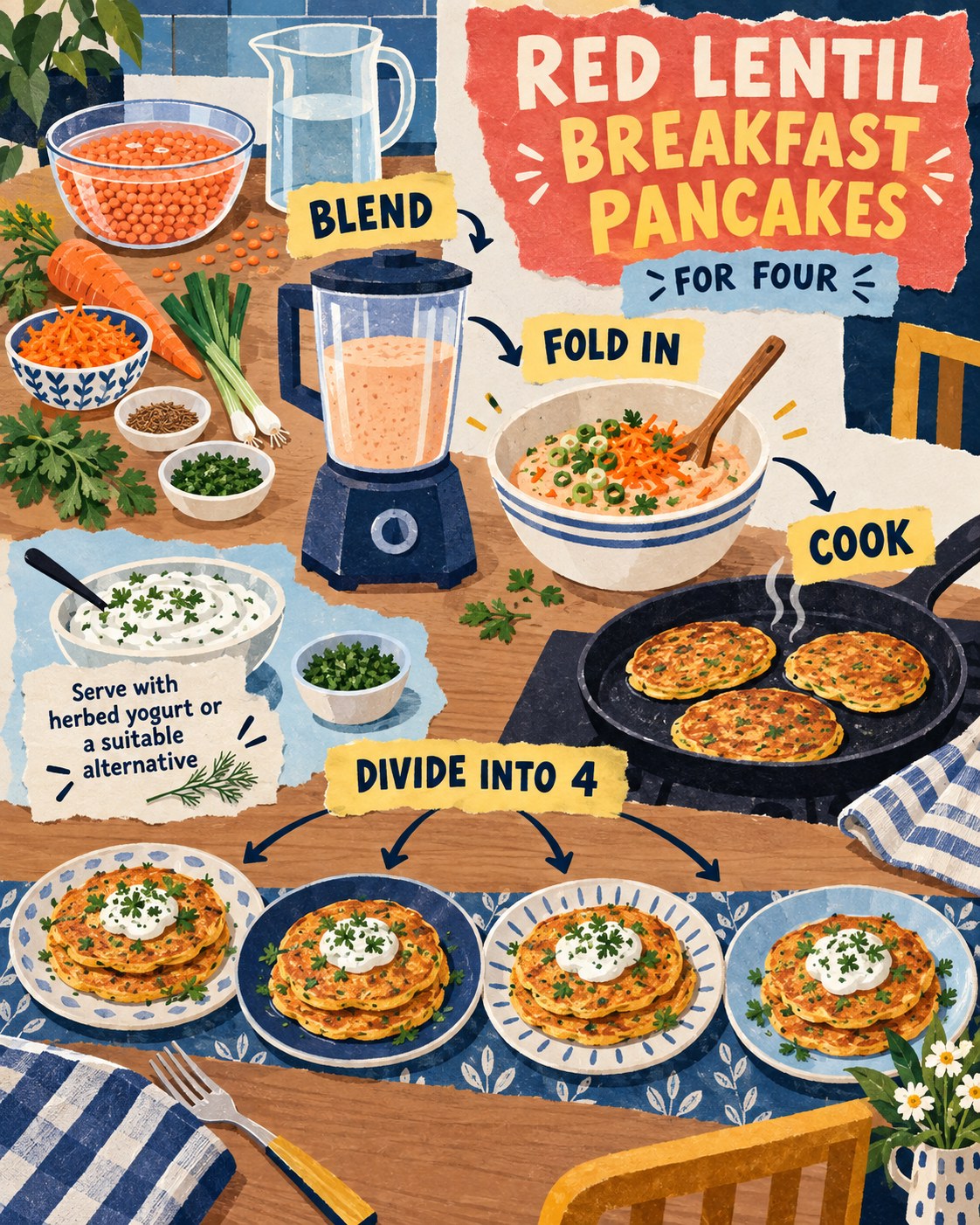 Paper-collage infographic showing red lentils, blender, vegetables, skillet, pancakes, yogurt, and four plated servings.