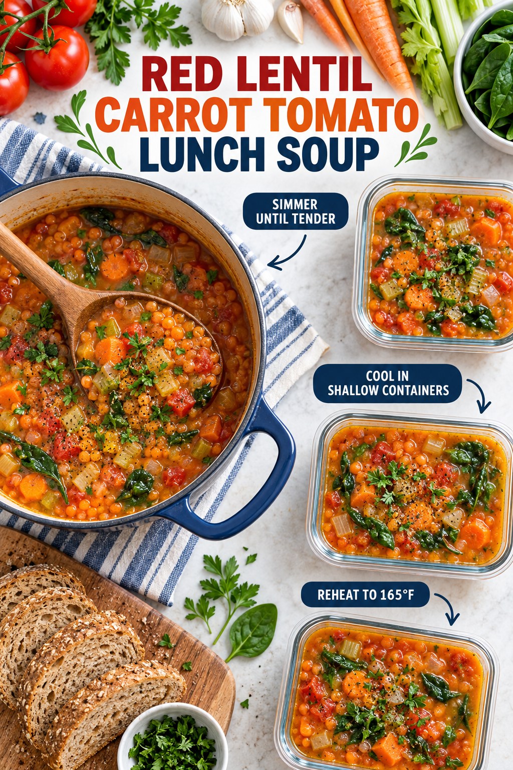 Red lentil carrot tomato lunch soup in a pot and three storage containers with spinach, celery, and whole-grain bread