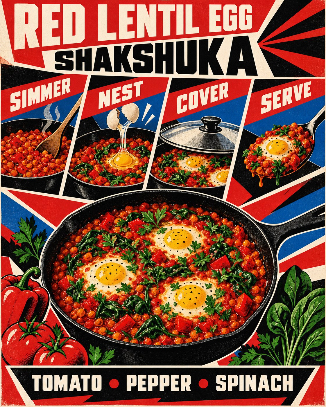 Scarlet, black, cream, cobalt, and yellow Constructivist infographic for red lentil egg shakshuka.