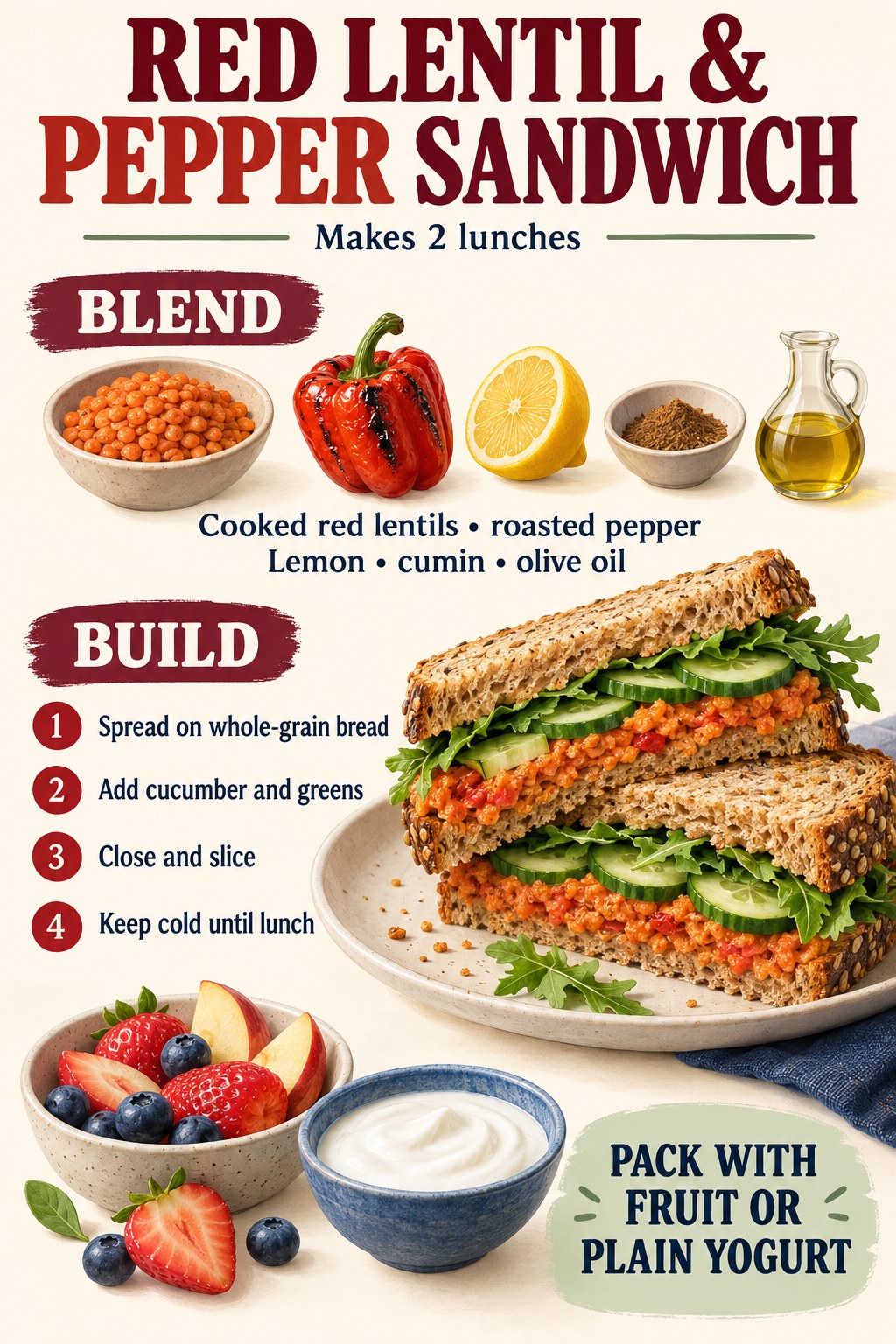 Red lentil and roasted pepper sandwich recipe infographic