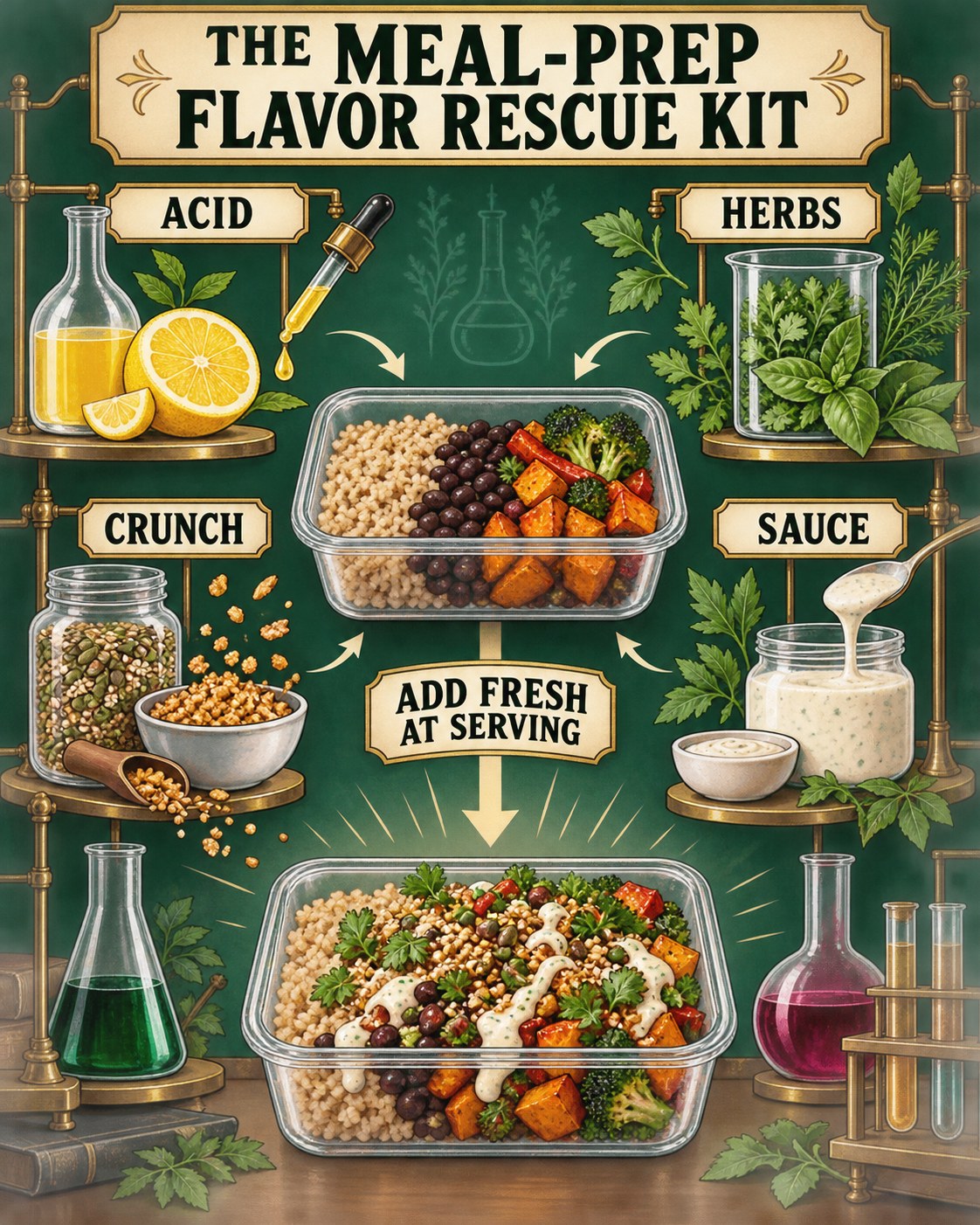 Emerald, amber, raspberry, pale blue, cream, and black vintage laboratory infographic for refreshing meal-prep food.