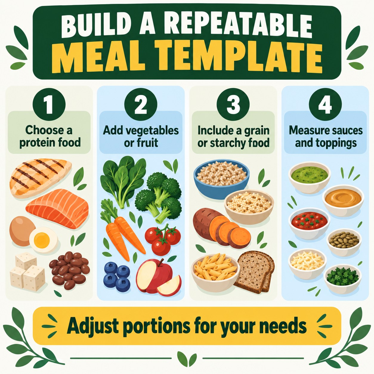 Infographic showing a repeatable meal template with protein, produce, grain or starch, and measured sauces or toppings
