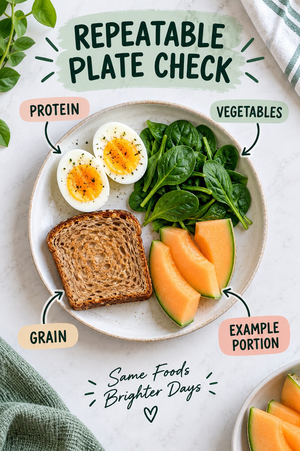 Repeatable Plate Check visual using eggs, whole-grain toast, spinach, and melon as flexible example portions for Weight Loss Journey.
