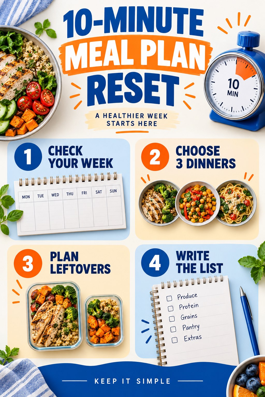 Blue and orange portrait infographic showing a four-step ten-minute meal plan reset with dinner bowls, leftovers, and a grocery list.