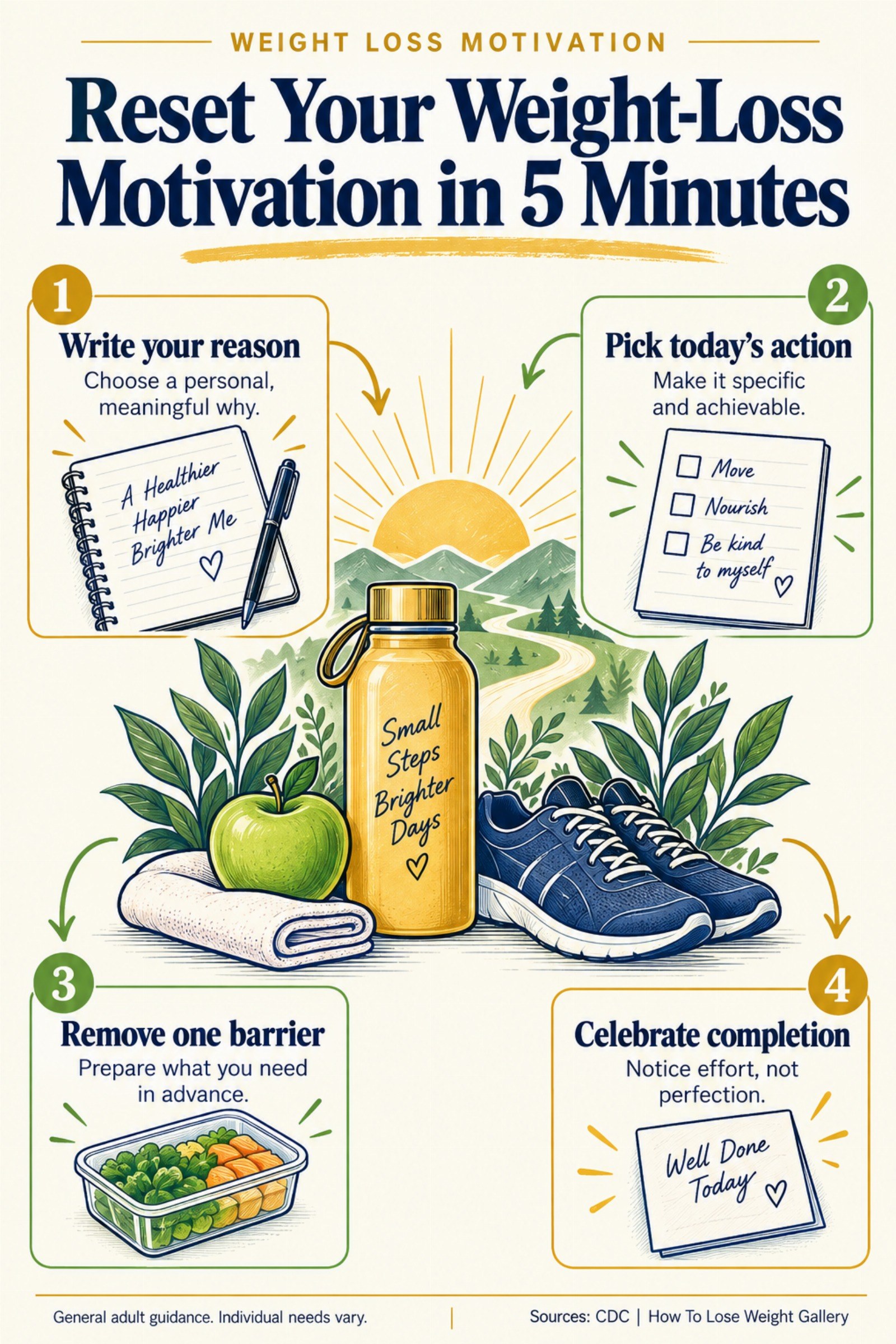 Colorful infographic titled Reset Your Weight-Loss Motivation in 5 Minutes with four illustrated tips for Weight Loss Motivation.