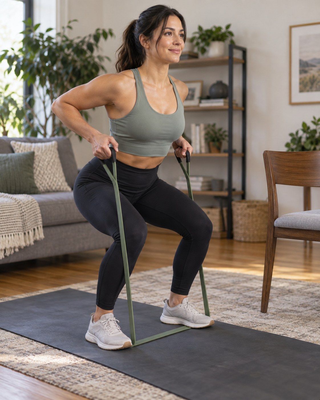 Adult performing a resistance-band squat and row on a mat in a clear living room with a sturdy chair nearby