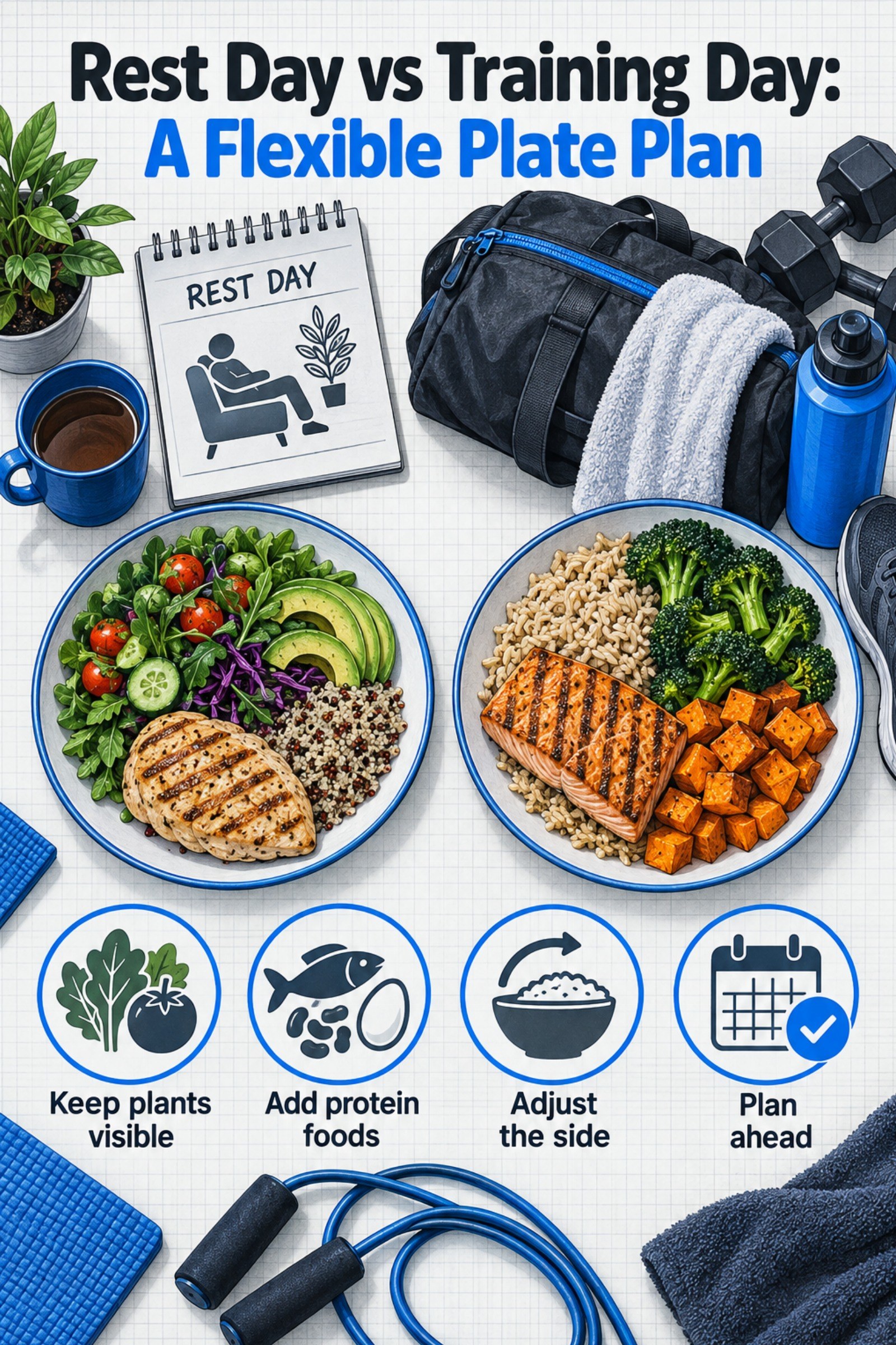 Two contrasting plates beside a gym bag and a rest-day calendar. The image supports Rest Day vs Training Day: A Flexible Plate Plan.