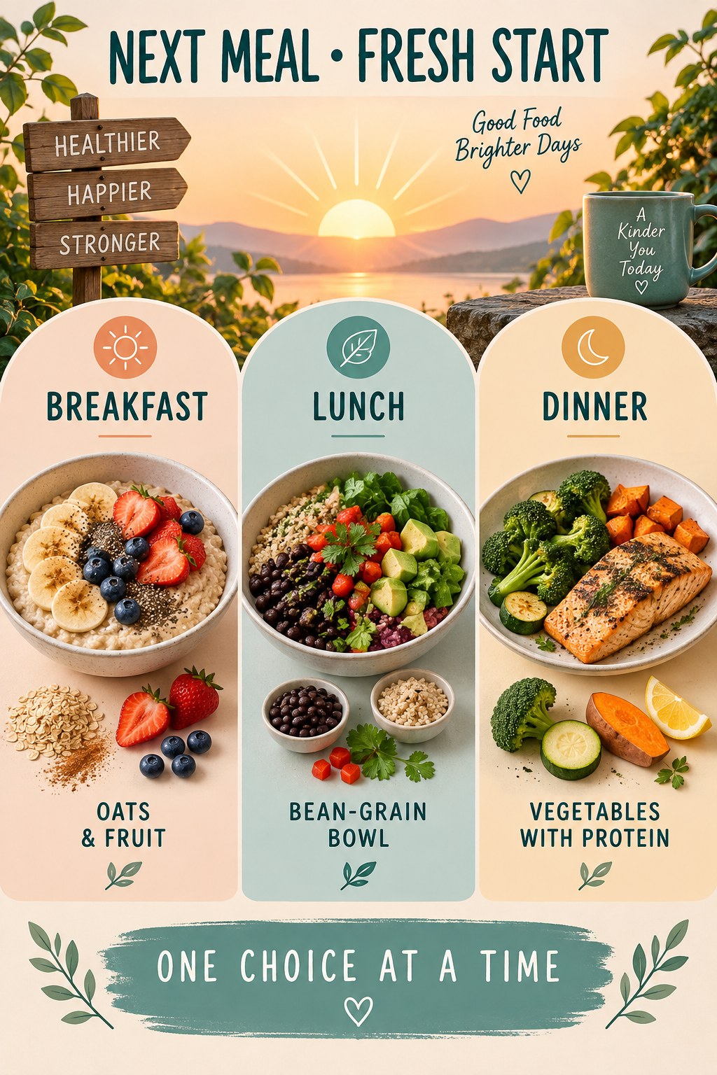 Sunrise-themed meal plan visual with balanced breakfast, lunch, and dinner options under the heading Next Meal Fresh Start.
