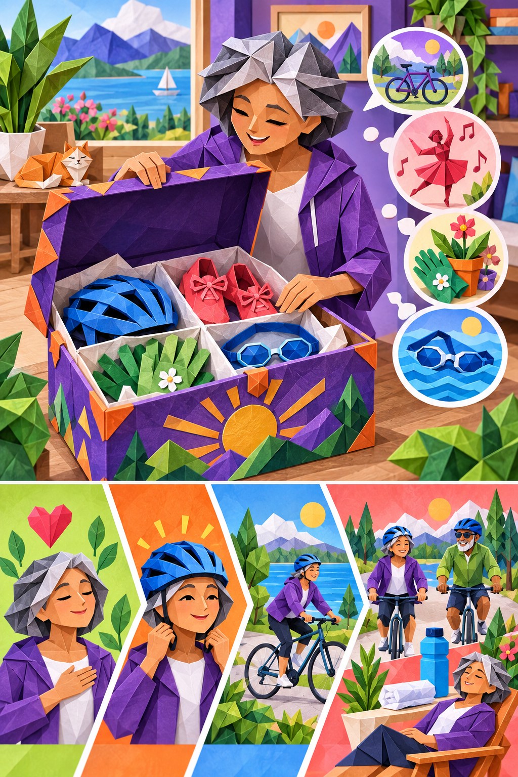 Origami-style adult opening an activity box with cycling, dancing, gardening, swimming, hydration, and recovery scenes.
