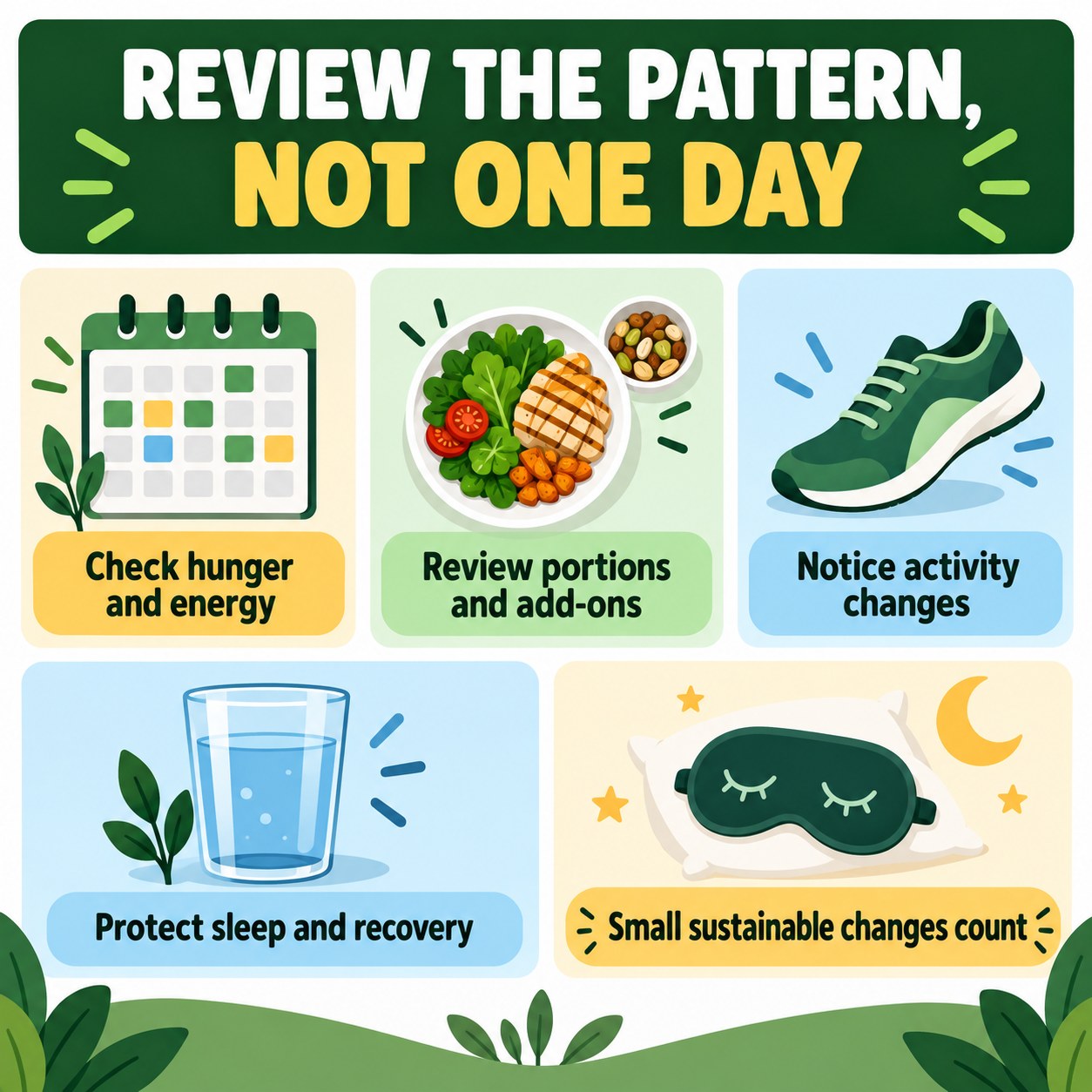 Infographic encouraging review of hunger, energy, portions, add-ons, activity, sleep, and recovery across time