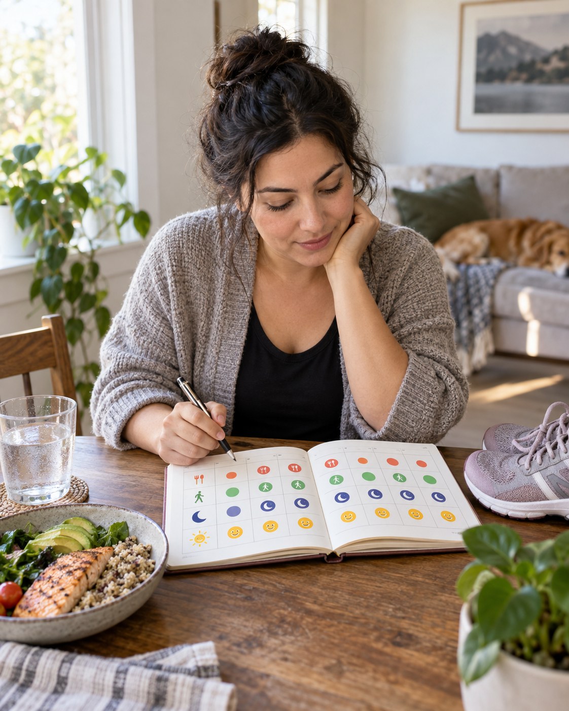 Woman reviewing a weekly icon journal beside a balanced meal and walking shoes