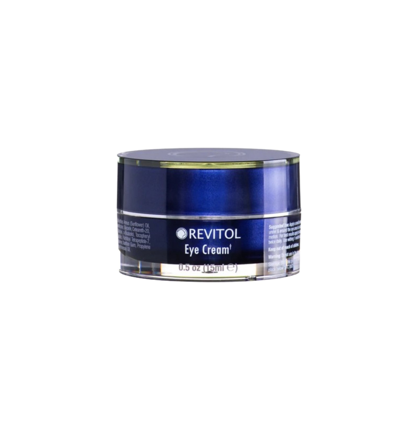 Blue Revitol Eye Cream jar with a silver lid labeled 0.5 oz, 15 mL