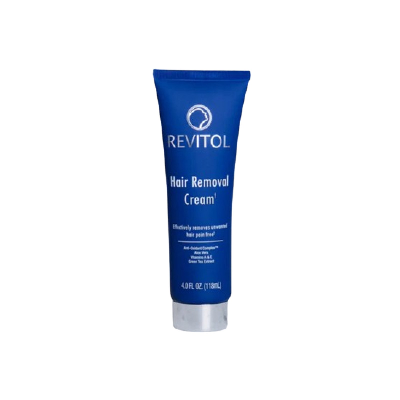 Blue Revitol Hair Removal Cream tube with a silver cap labeled 4 fl oz, 118 mL