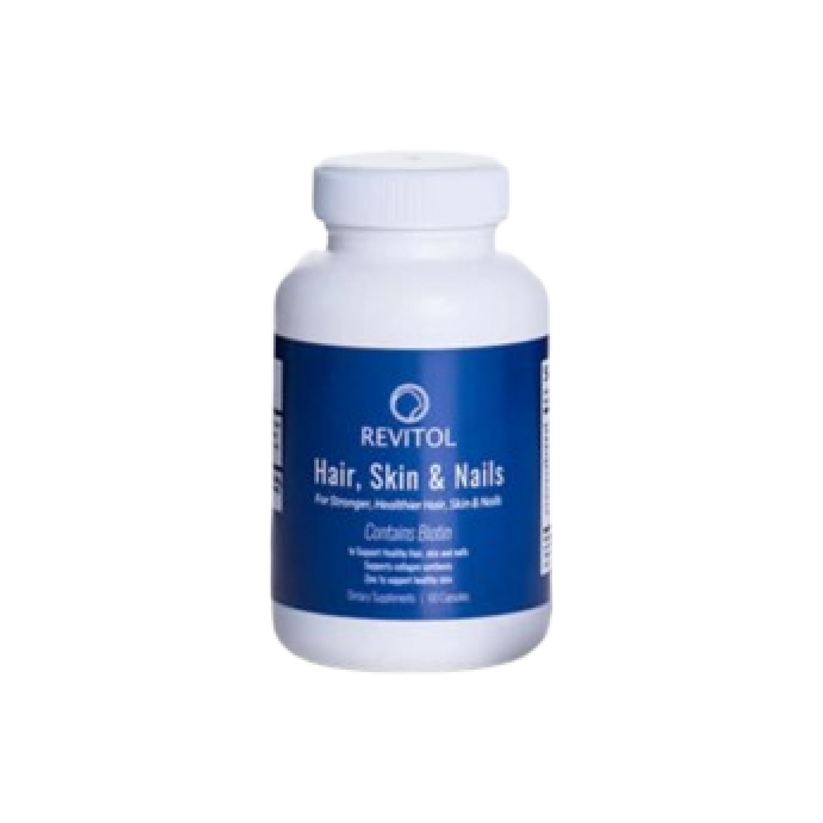 Revitol Hair, Skin & Nails dietary supplement with biotin in a white bottle with a blue label
