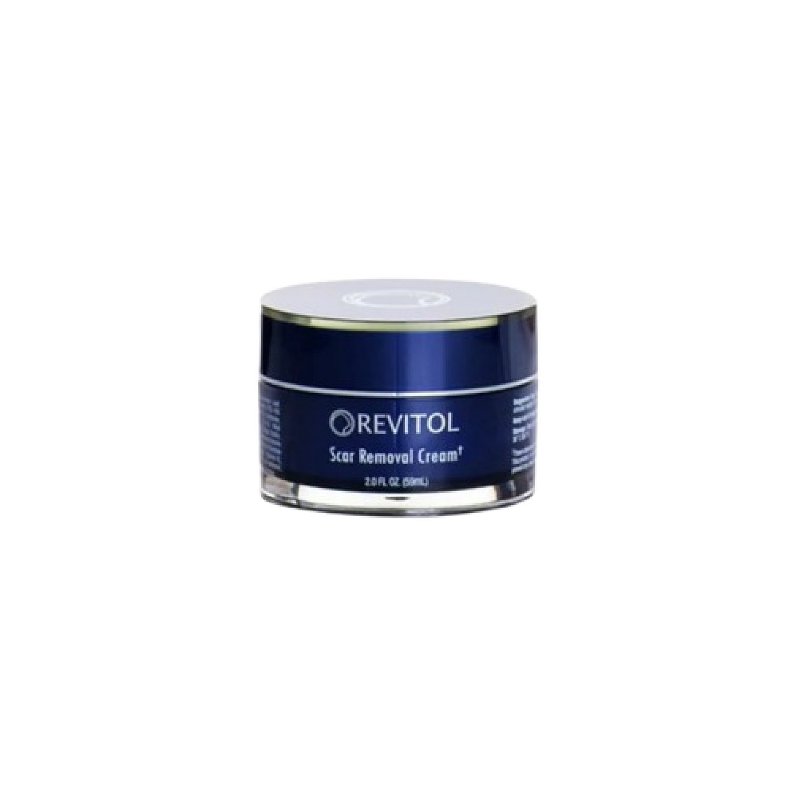 Single blue Revitol Scar Removal Cream jar with a silver lid on a white background