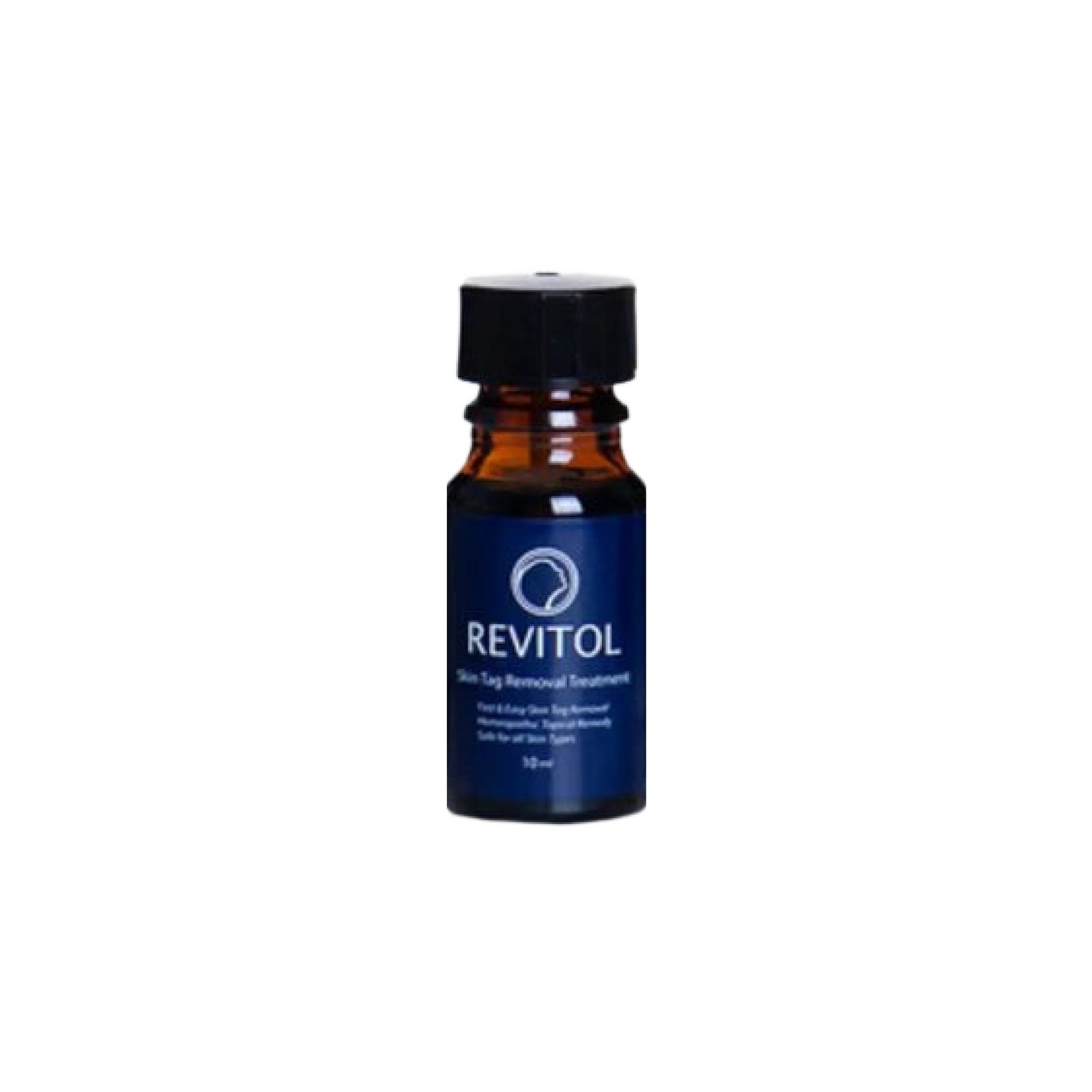 Single amber Revitol Skin Tag Removal Treatment bottle with a blue label and black cap