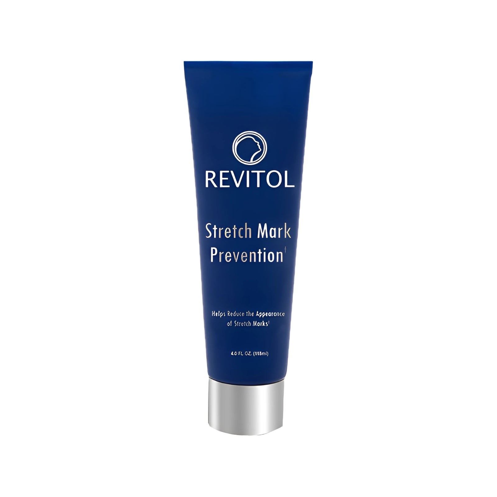 Revitol Stretch Mark Prevention cream in a dark blue 118 mL tube with a silver cap