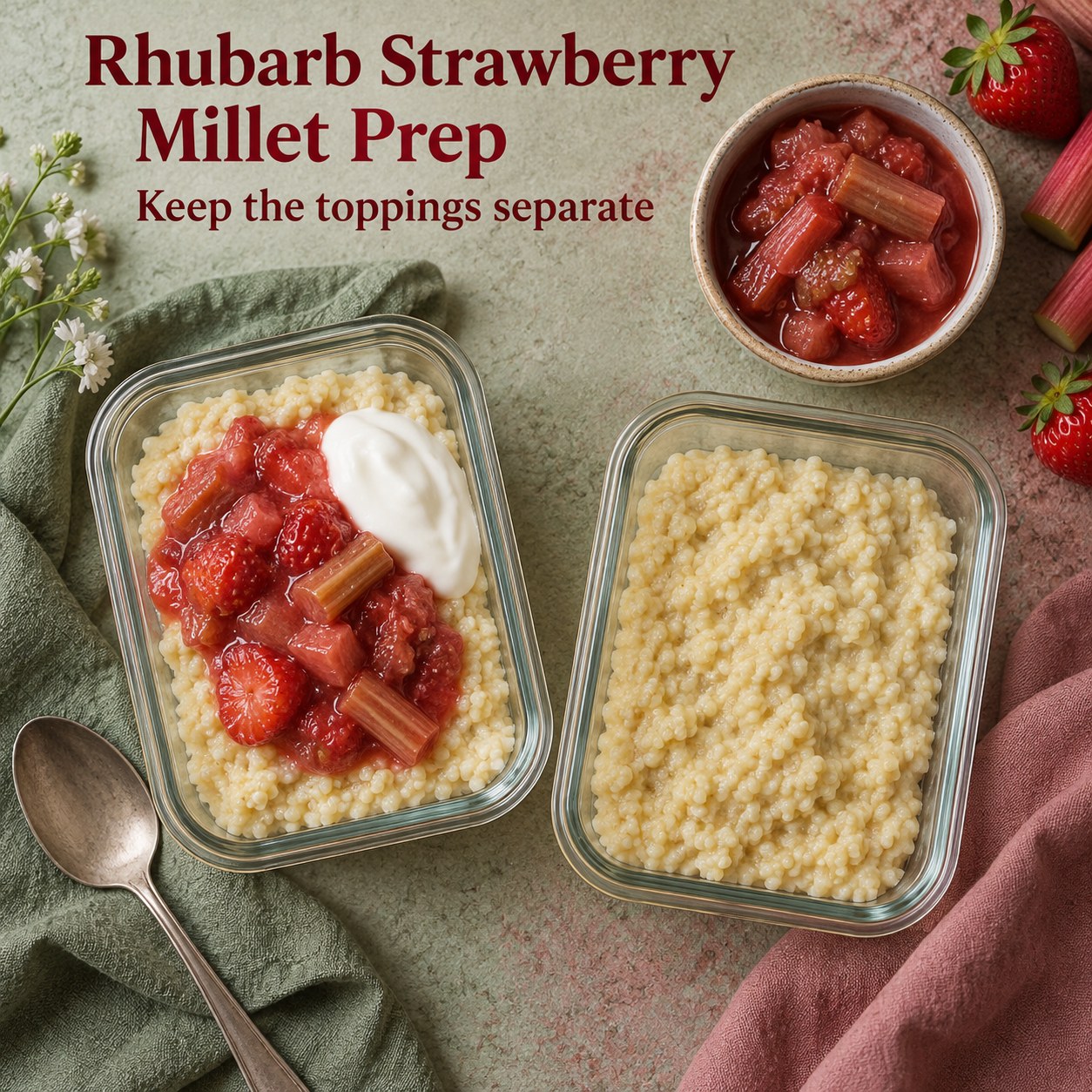 Millet porridge containers with rhubarb strawberry compote and plain yogurt kept partly separate.