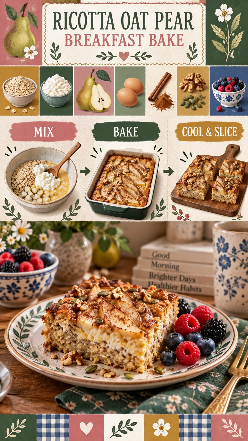 Baked oat and ricotta breakfast with sliced pear, cinnamon, seeds, and berries beside a plated slice