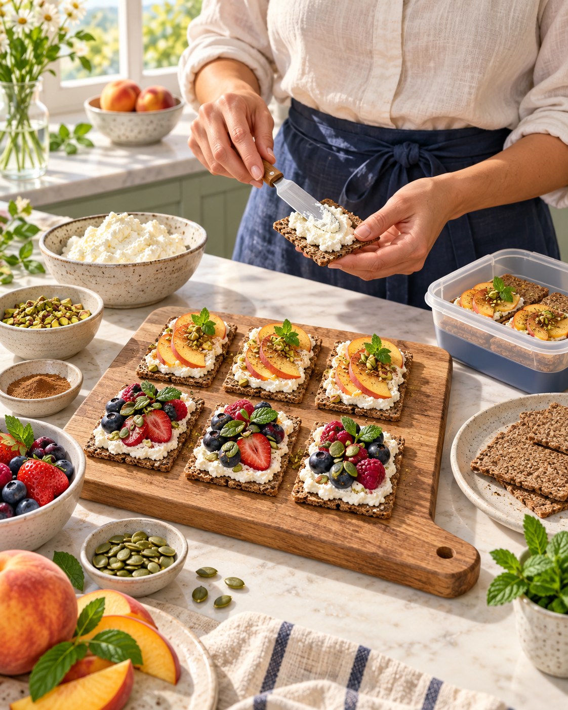 Person topping rye crispbreads with ricotta, peaches, pistachios, berries, and pumpkin seeds