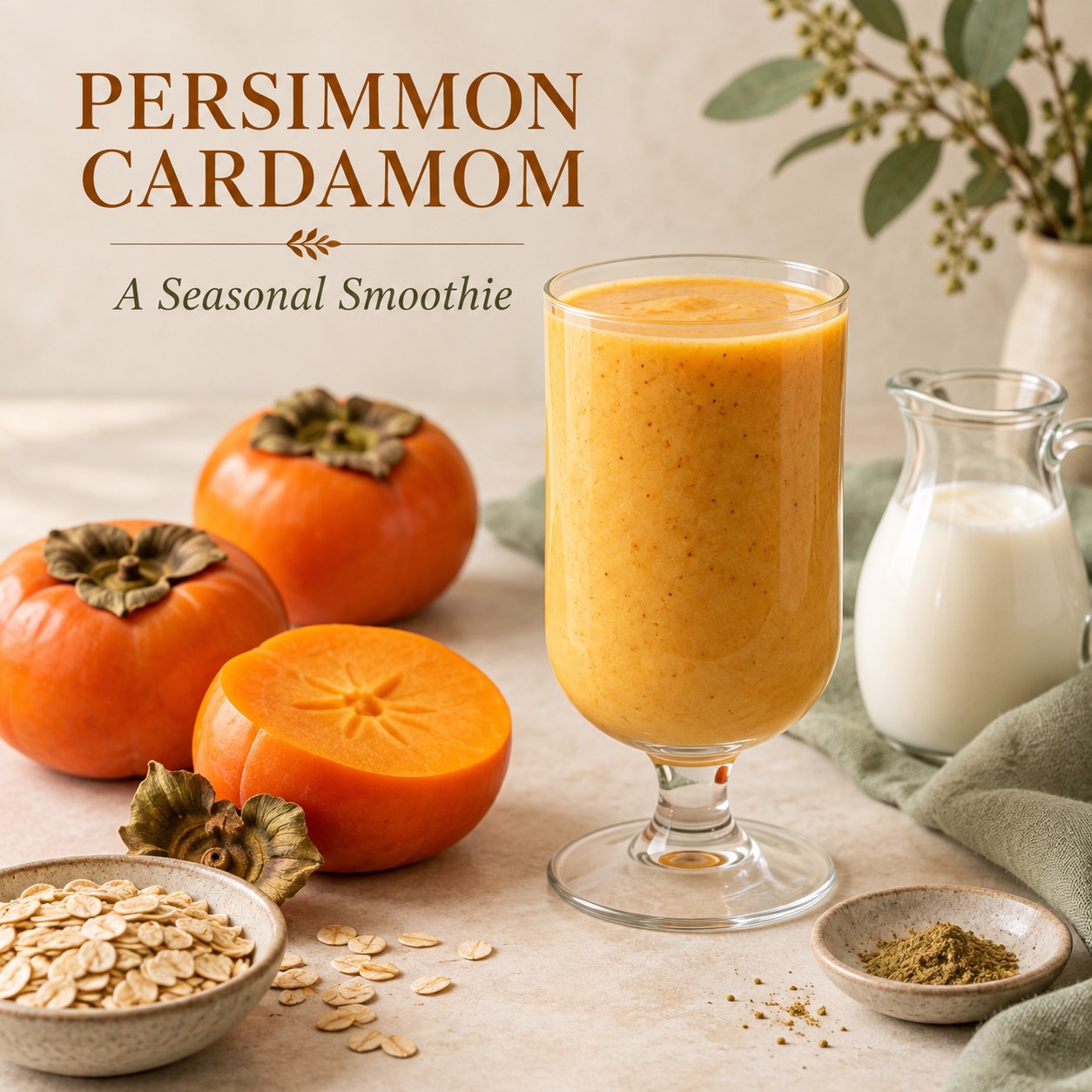 Golden persimmon kefir smoothie beside sliced Fuyu persimmon and oats, with Persimmon Cardamom and A Seasonal Smoothie text.
