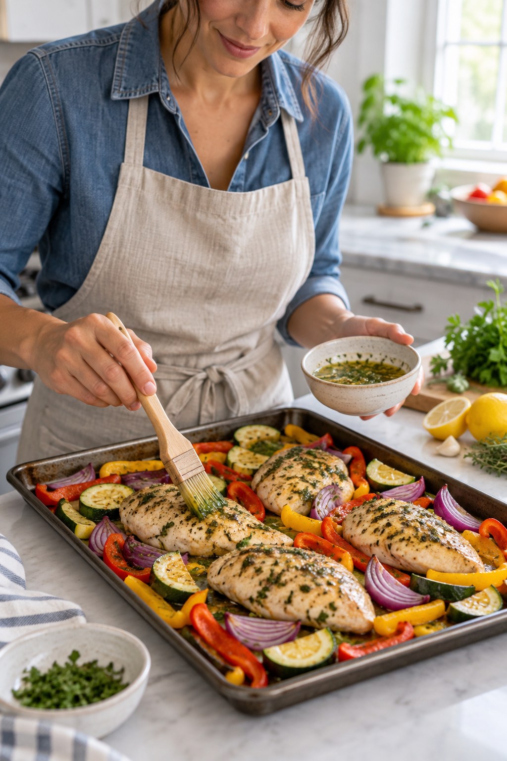 Adult brushing lemon herb mixture over chicken breasts, zucchini, peppers, and red onion on a sheet pan.