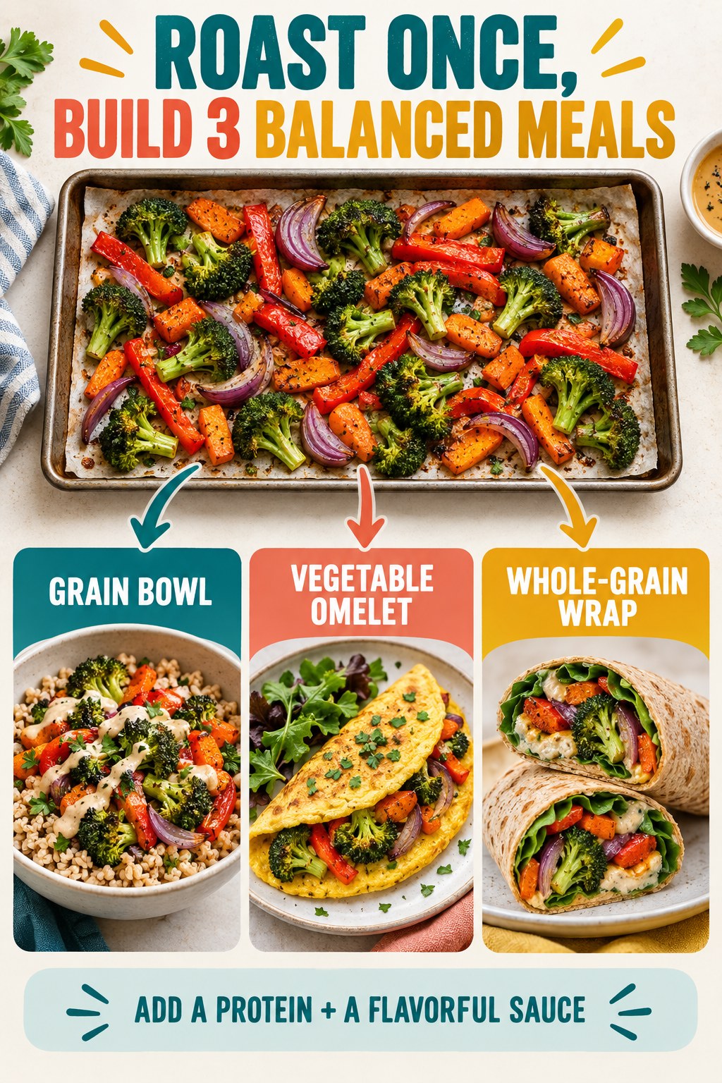 Portrait infographic showing a tray of roasted broccoli, peppers, onions, and carrots reused in a grain bowl, vegetable omelet, and whole-grain wrap.