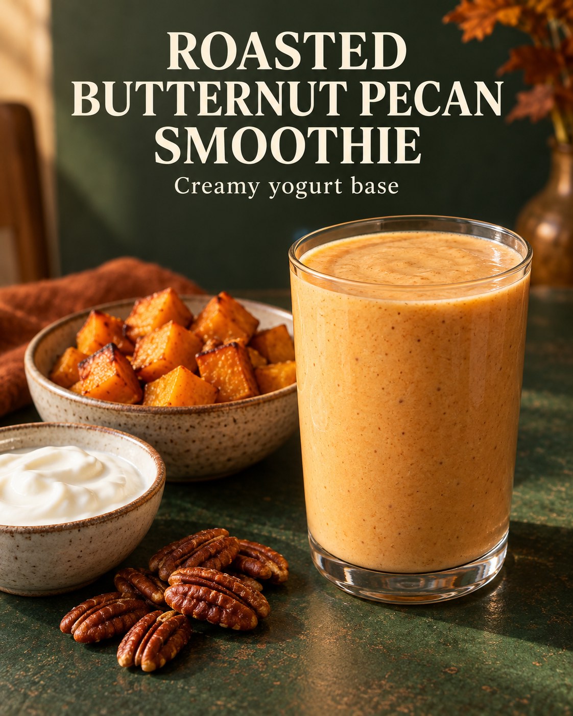 Light orange butternut smoothie beside roasted squash cubes and pecans, with Roasted Butternut Pecan Smoothie text.